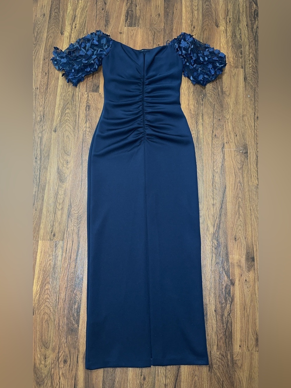 Xscape Navy One-Shoulder Evening Gown with 3D Floral Sleeves Formal - Picture 13 of 16